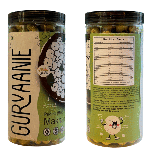 Gurvaanie Peri Peri and Mint (Pudina) Roasted and Flavoured Makhana | Healthy food | Rich In Protein & Fiber – 90g (pack of 2) - Image 3