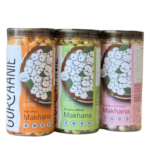 Gurvaanie Peri Peri, Pudina (Mint), and Himalayan Pink Salt Roasted Makhana Combo | Flavoured Foxnuts | Protein & Fibre Rich Healthy Snacks for Adults – 90g (Pack of 3) - Image 2