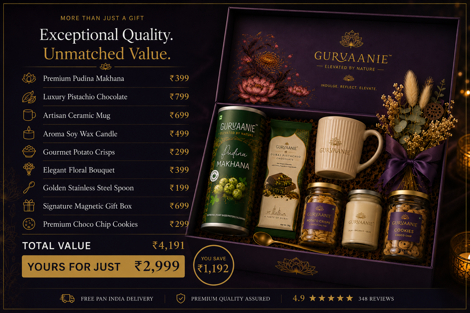 Shop premium Diwali gift hampers filled with gourmet snacks, chocolates, cookies & festive gifts. Perfect for family, friends & corporate gifting. Free Pan India Delivery.
