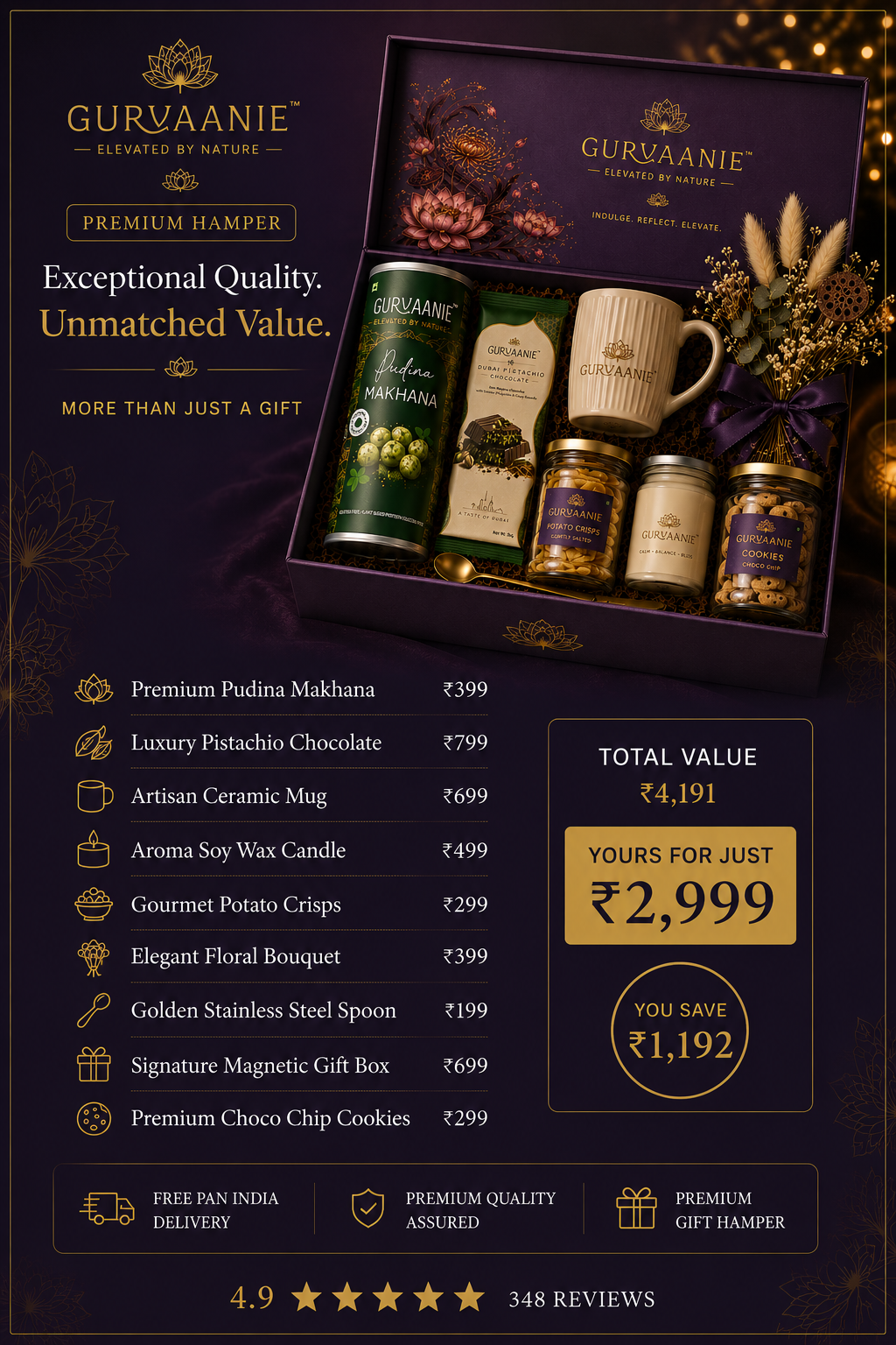 Shop premium Diwali gift hampers filled with gourmet snacks, chocolates, cookies & festive gifts. Perfect for family, friends & corporate gifting. Free Pan India Delivery.